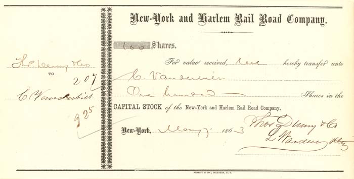 New York and Harlem Rail Road Co. issued to C. Vanderbilt - Railway Stock Certificate